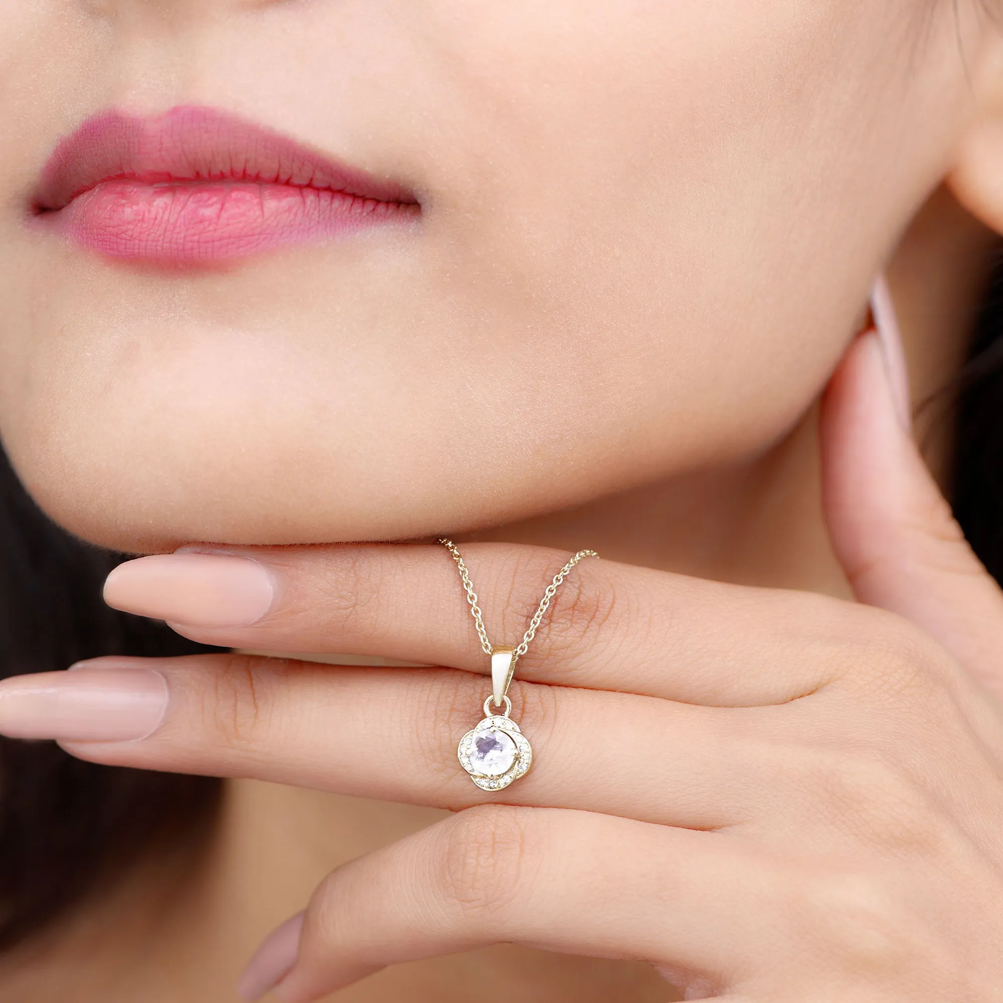 1/4 CT Moonstone and Diamond Solitaire Flower Pendant Necklace