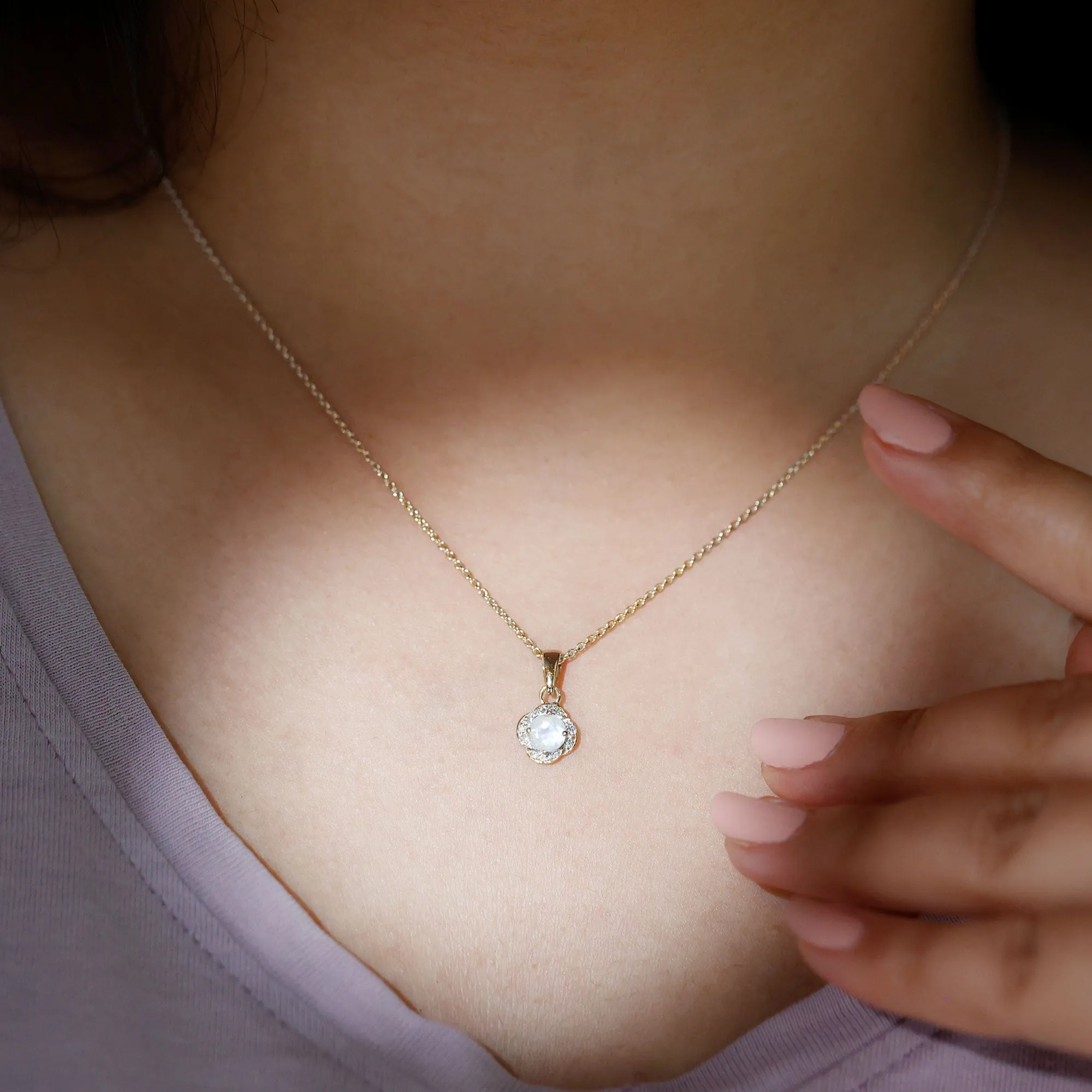 1/4 CT Moonstone and Diamond Solitaire Flower Pendant Necklace