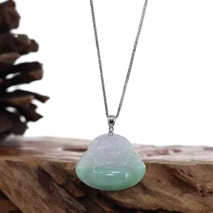 14k White Gold Bail "Laughing Buddha" Genuine Vibrant Lavender Green Jadeite Jade Buddha Pendant Necklace