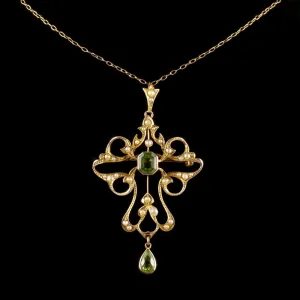 Antique Victorian Peridot 9Ct Gold Pearl Pendant Brooch Necklace Circa 1900
