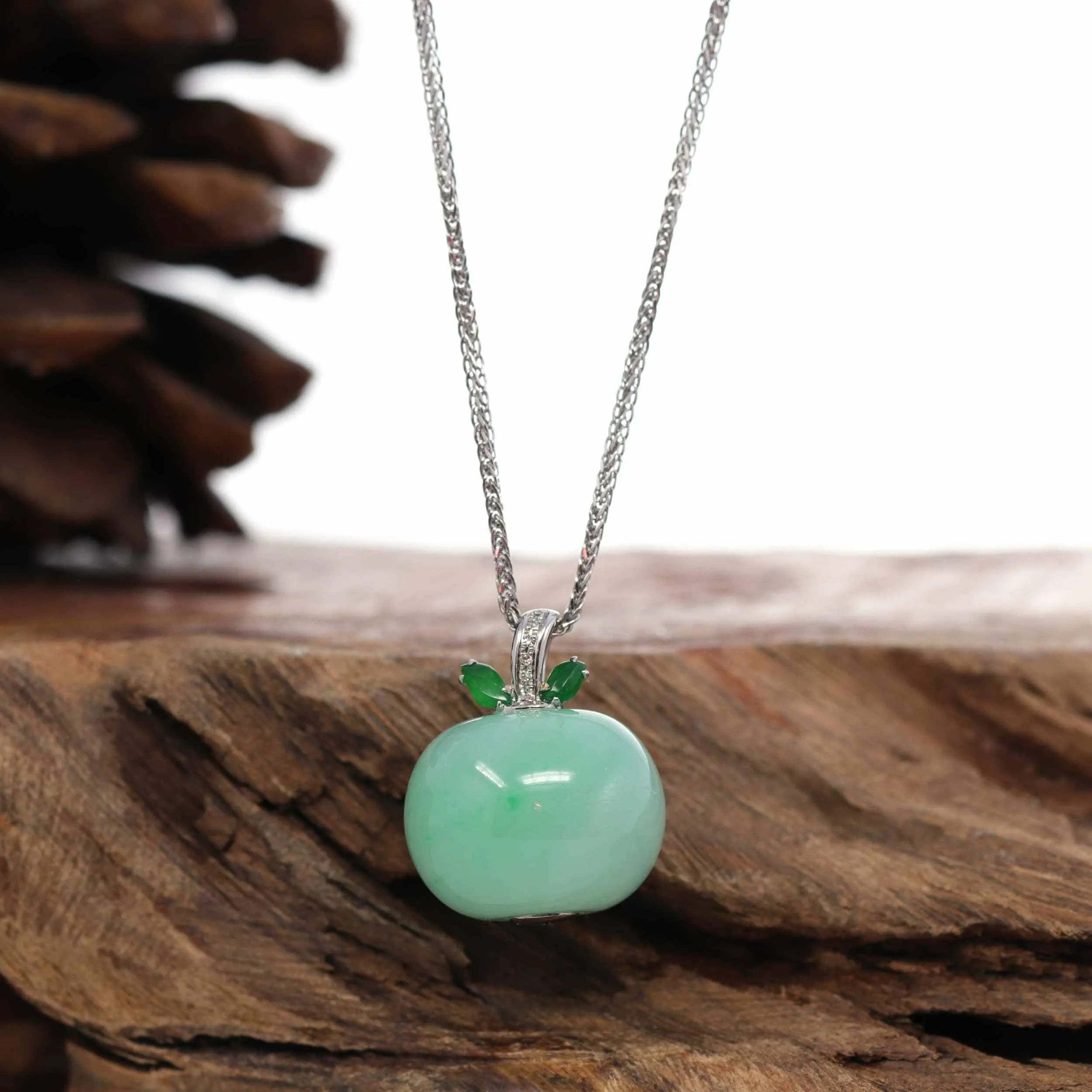 Baikalla™ "Lucky Apple" 18k White Gold Genuine Green Jadeite Jade with VS1 Diamonds