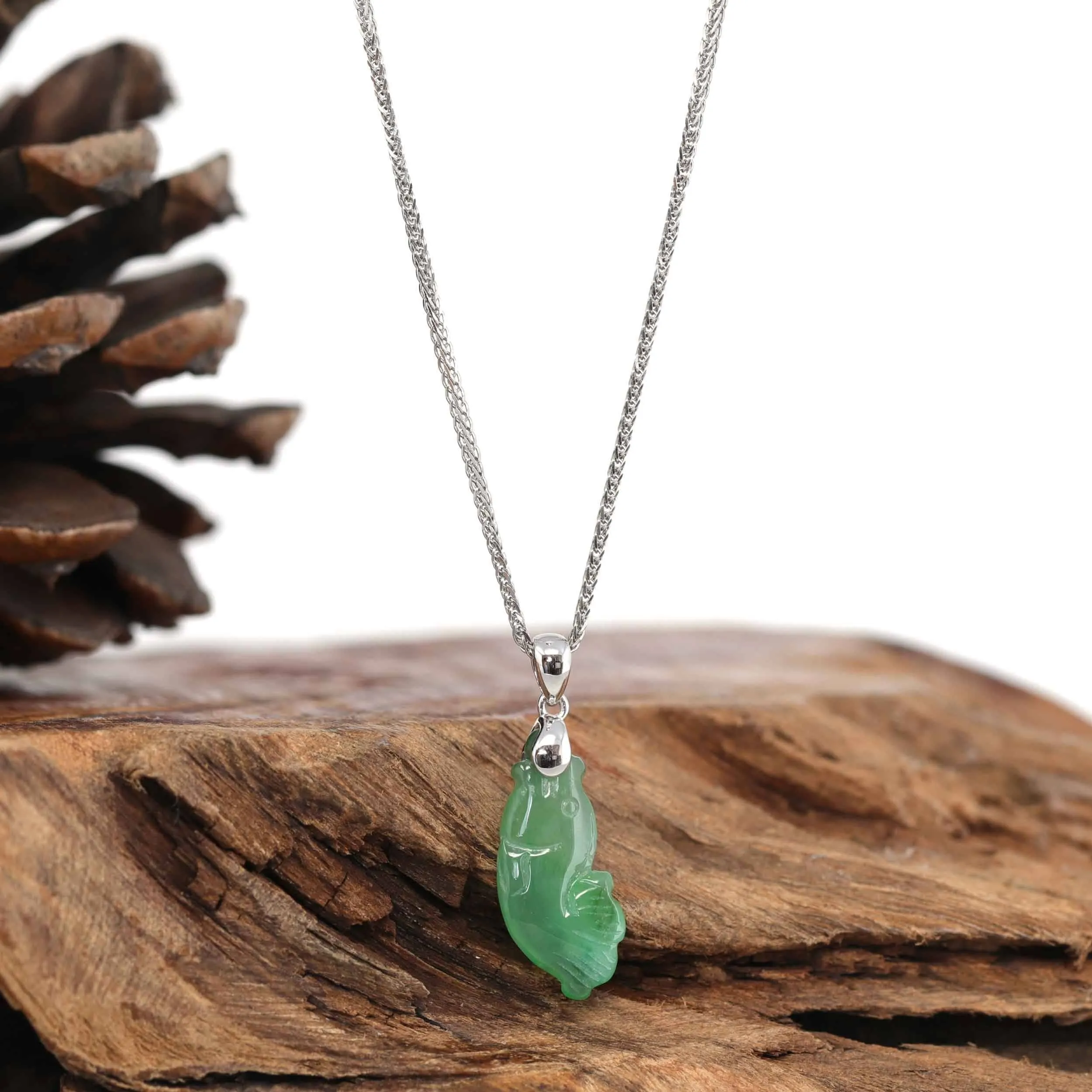 Baikalla "Prosperity Every Year (年年有鱼)" Lucky Fish Carving Pendant Necklace Natural Green Jadeite Jade JG154