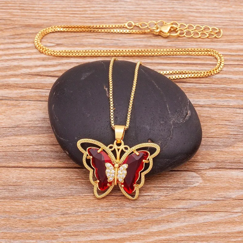 Delicate Multi-color Zircon Butterfly Pendant Necklaces
