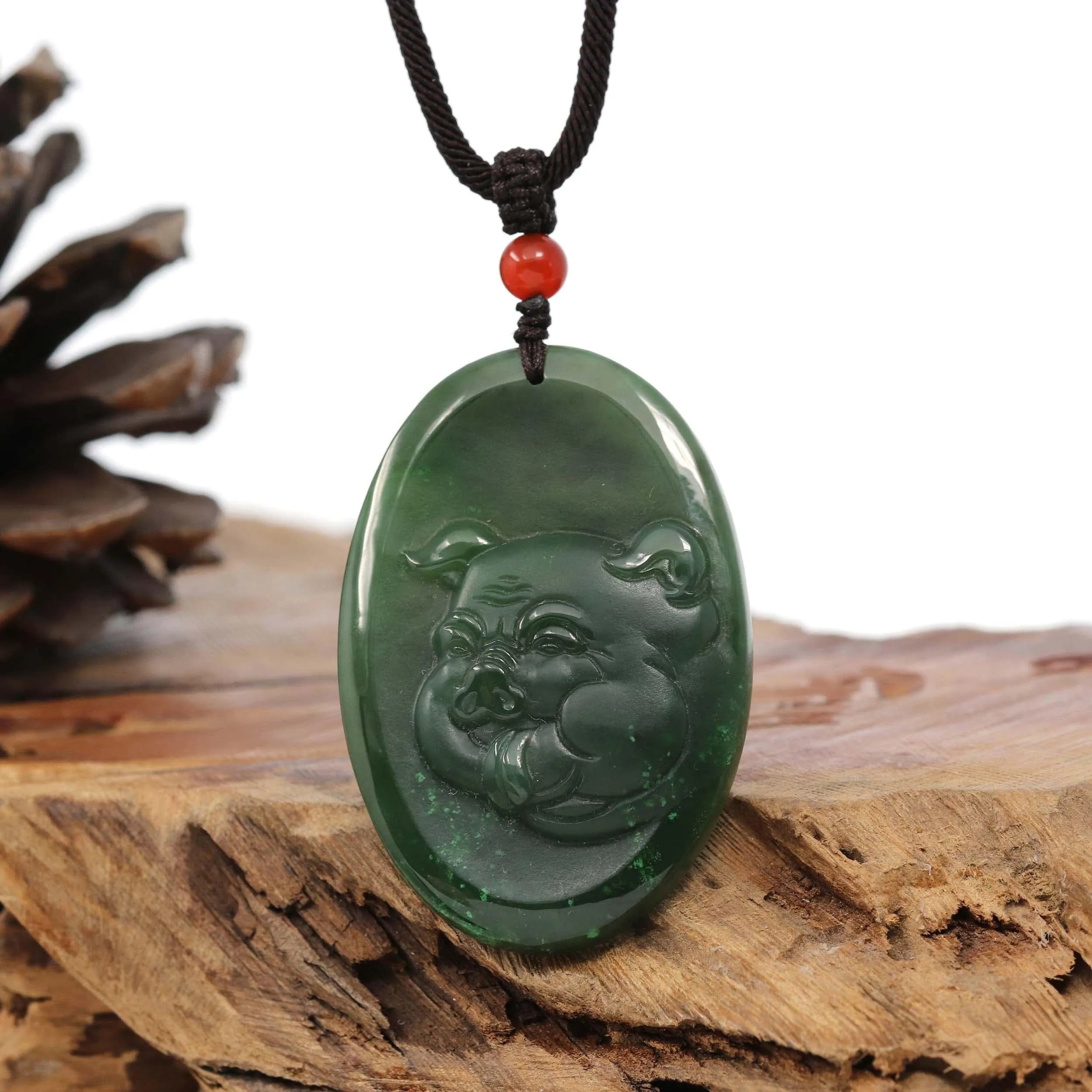Natural Jade 12 Zodiac: Nephrite Jade Hog Pendant Necklace in Deep Green