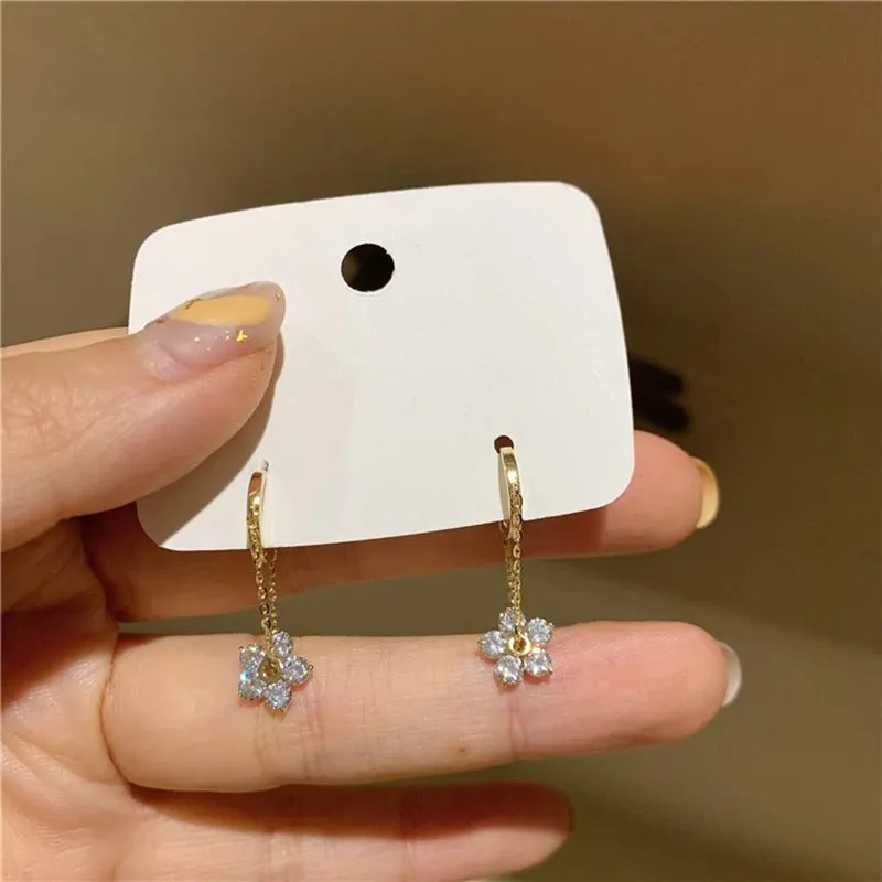 Pretty Zircon Flower with Metal Chain Hoop Earrings