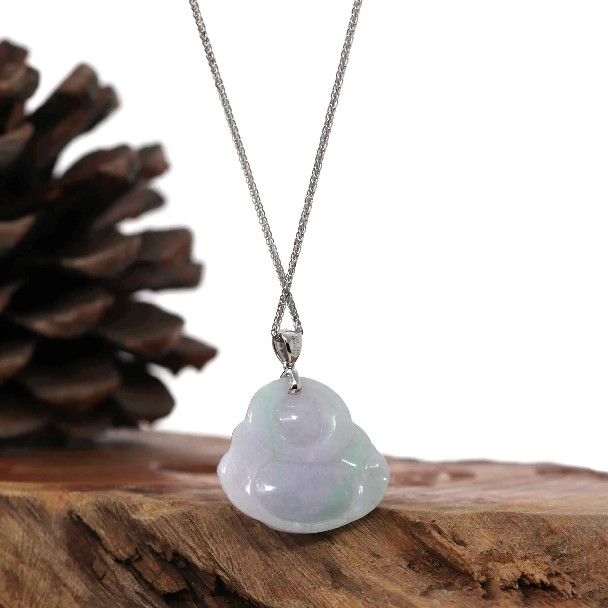 "Laughing Buddha" Genuine Green & Lavender Jadeite Jade With 14k White Gold VS1 Diamonds