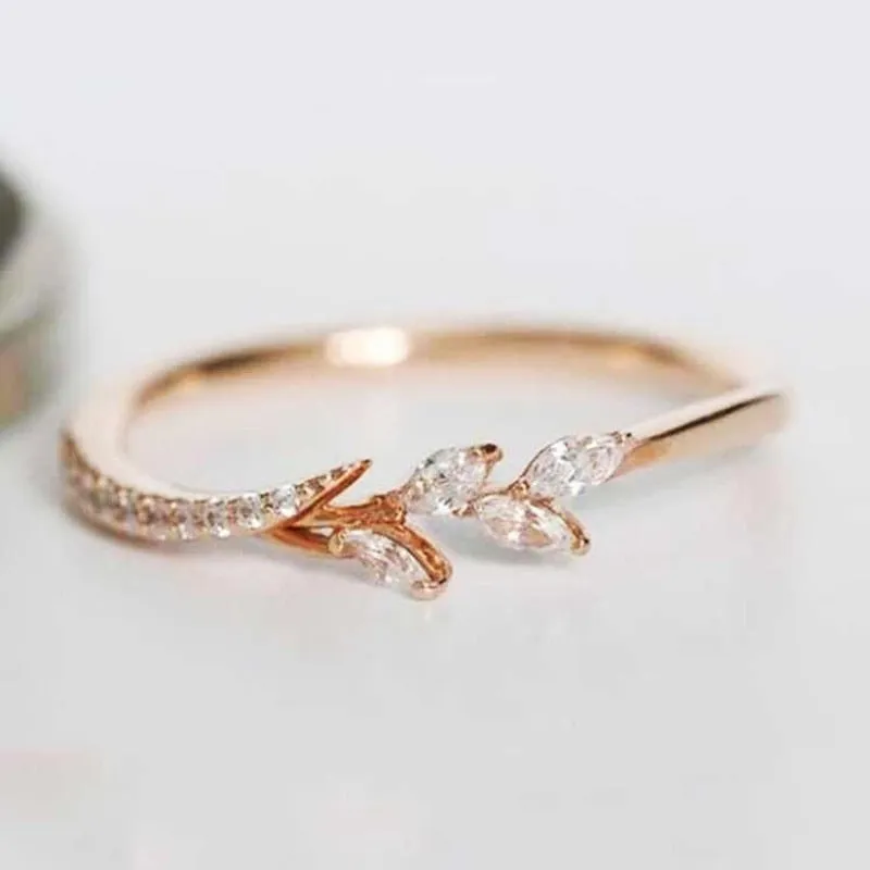 Romantic Jewelry Cute Rose Gold Leaf Cubic Zircon Wedding Band Ring for Women